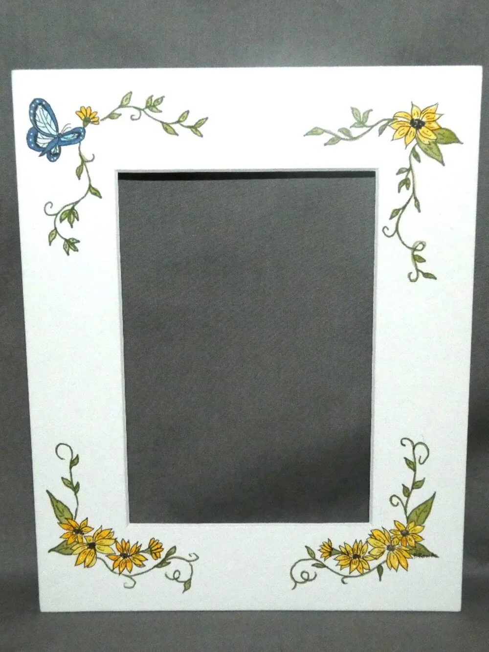 Hand Painted White Picture Frame Mat Photo Mat Blue Butterfly Yellow Flowers